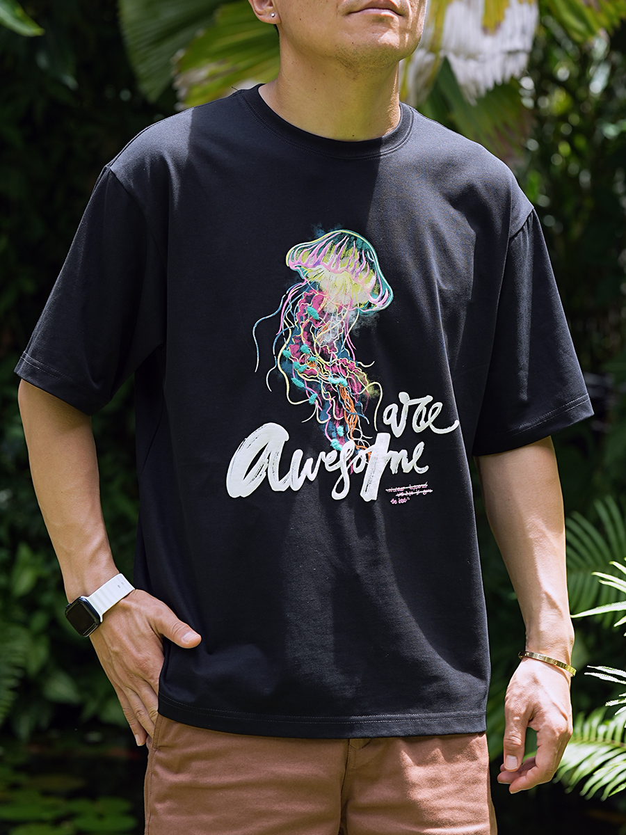 Trendy Heavyweight Colorful Jellyfish Embroidered Short-Sleeve T-Shirt for Men - Summer Fashion Light Luxury Pure Cotton Round Neck Trendy Heavyweight Colorful Jellyfish Embroidered Short-Sleeve T-Shirt for Men - Summer Fashion Light Luxury Pure Cotton Round Neck