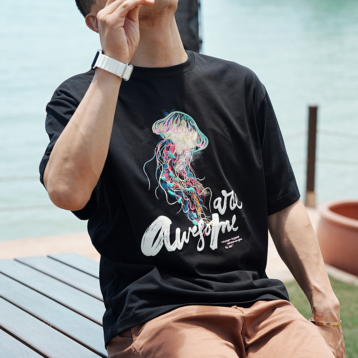 Trendy Heavyweight Colorful Jellyfish Embroidered Short-Sleeve T-Shirt for Men - Summer Fashion Light Luxury Pure Cotton Round Neck