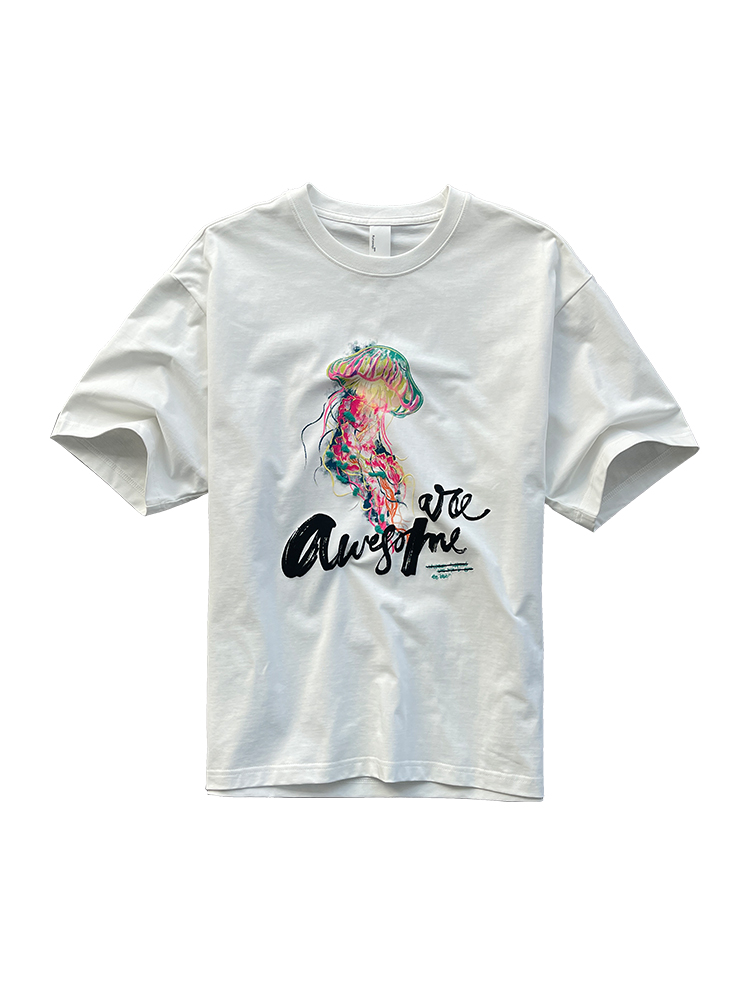 Trendy Heavyweight Colorful Jellyfish Embroidered Short-Sleeve T-Shirt for Men - Summer Fashion Light Luxury Pure Cotton Round Neck Trendy Heavyweight Colorful Jellyfish Embroidered Short-Sleeve T-Shirt for Men - Summer Fashion Light Luxury Pure Cotton Round Neck