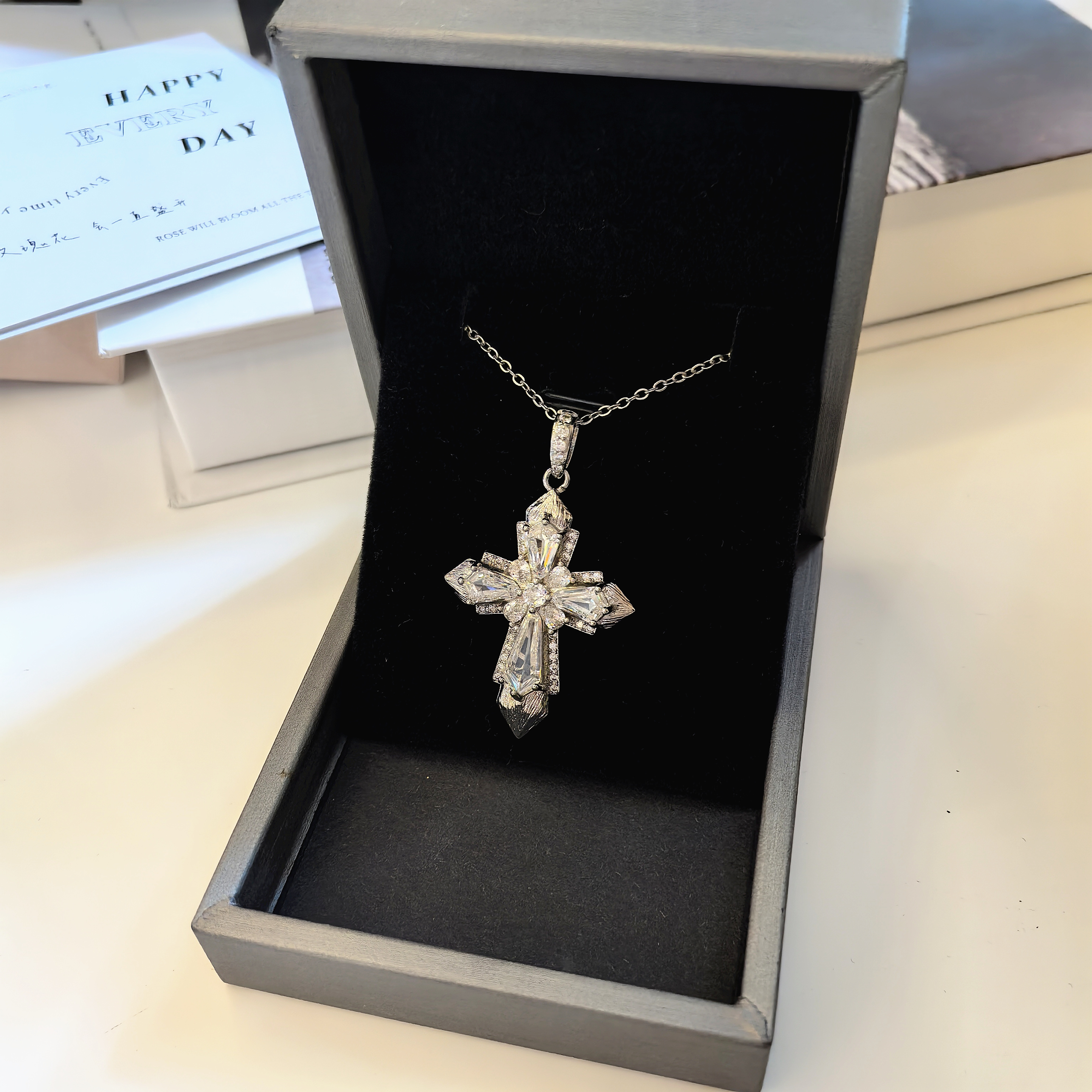 Trendy High-Carbon Diamond Cross Necklace for Women - Ultra-Sparkling Light Luxury Clavicle Chain, Perfect for Sweater Layering Trendy High-Carbon Diamond Cross Necklace for Women - Ultra-Sparkling Light Luxury Clavicle Chain, Perfect for Sweater Layering