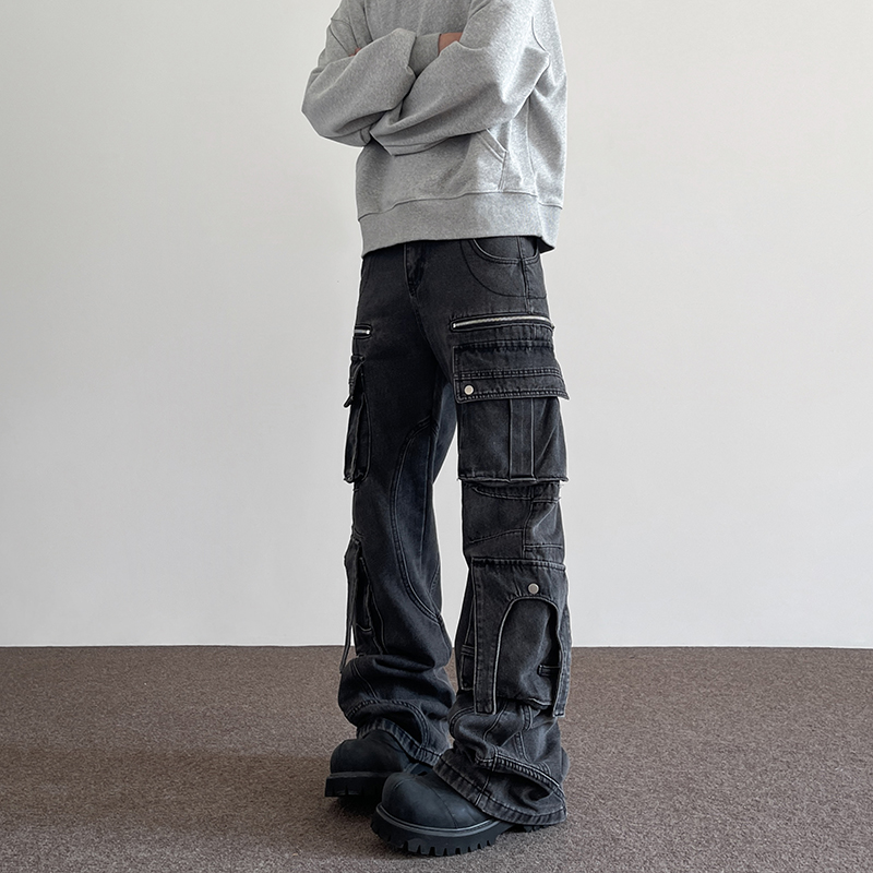 Trendy High Street Heavy Industry Bullet Jeans with Three-Dimensional Pocket Design, Straight Leg Flared Pants for 90s Style Fashion