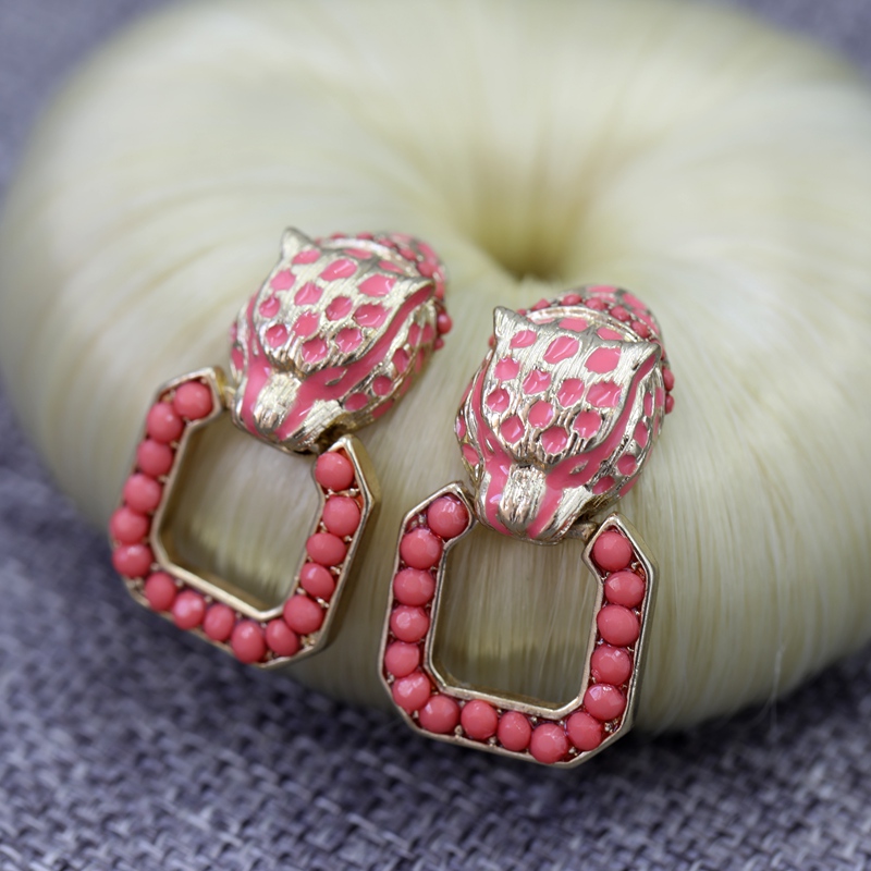 Trendy Japanese and Korean Women's Cute Red Leopard Head Earrings, Diamond-Studded Personality Ear Studs, Creative Korean-Style Accessories