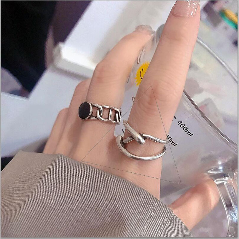 Trendy Korean-Japanese 925 Sterling Silver Open Ring for Women, Retro Black Agate Index Finger Ring with Luxe Style