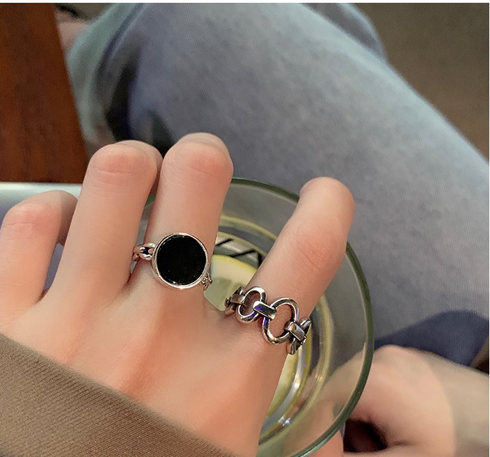 Trendy Korean-Japanese 925 Sterling Silver Open Ring for Women, Retro Black Agate Index Finger Ring with Luxe Style Trendy Korean-Japanese 925 Sterling Silver Open Ring for Women, Retro Black Agate Index Finger Ring with Luxe Style