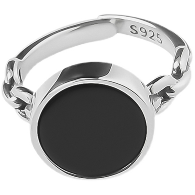 Trendy Korean-Japanese 925 Sterling Silver Open Ring for Women, Retro Black Agate Index Finger Ring with Luxe Style Trendy Korean-Japanese 925 Sterling Silver Open Ring for Women, Retro Black Agate Index Finger Ring with Luxe Style