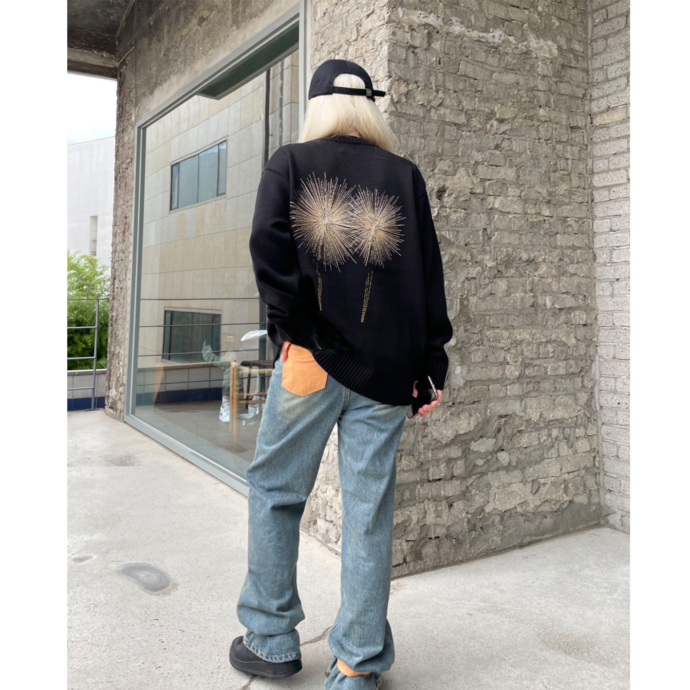 Trendy Korean Style Loose Knit Sweater with Fireworks Embroidery - Unique Round Neck Design for a Relaxed Look Trendy Korean Style Loose Knit Sweater with Fireworks Embroidery - Unique Round Neck Design for a Relaxed Look