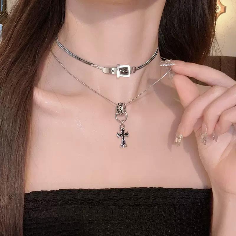 Trendy Layered Clavicle Chain Necklace with Belt Buckle & Cross Pendant - Stylish High-End Sweater Accessory