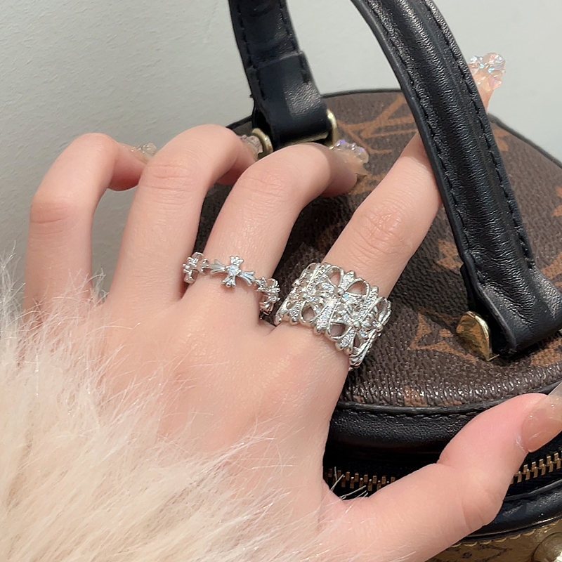 Trendy Lightweight Silver Diamond-Studded Cross Ring for Women, Versatile High-End Fashion Statement Index Finger Ring Trendy Lightweight Silver Diamond-Studded Cross Ring for Women, Versatile High-End Fashion Statement Index Finger Ring