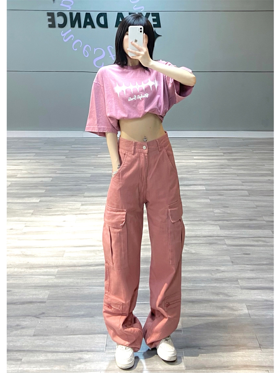 Trendy Pink Work Pants for Women - American Retro Hip-Hop Straight Casual Pants for Street Dance Style