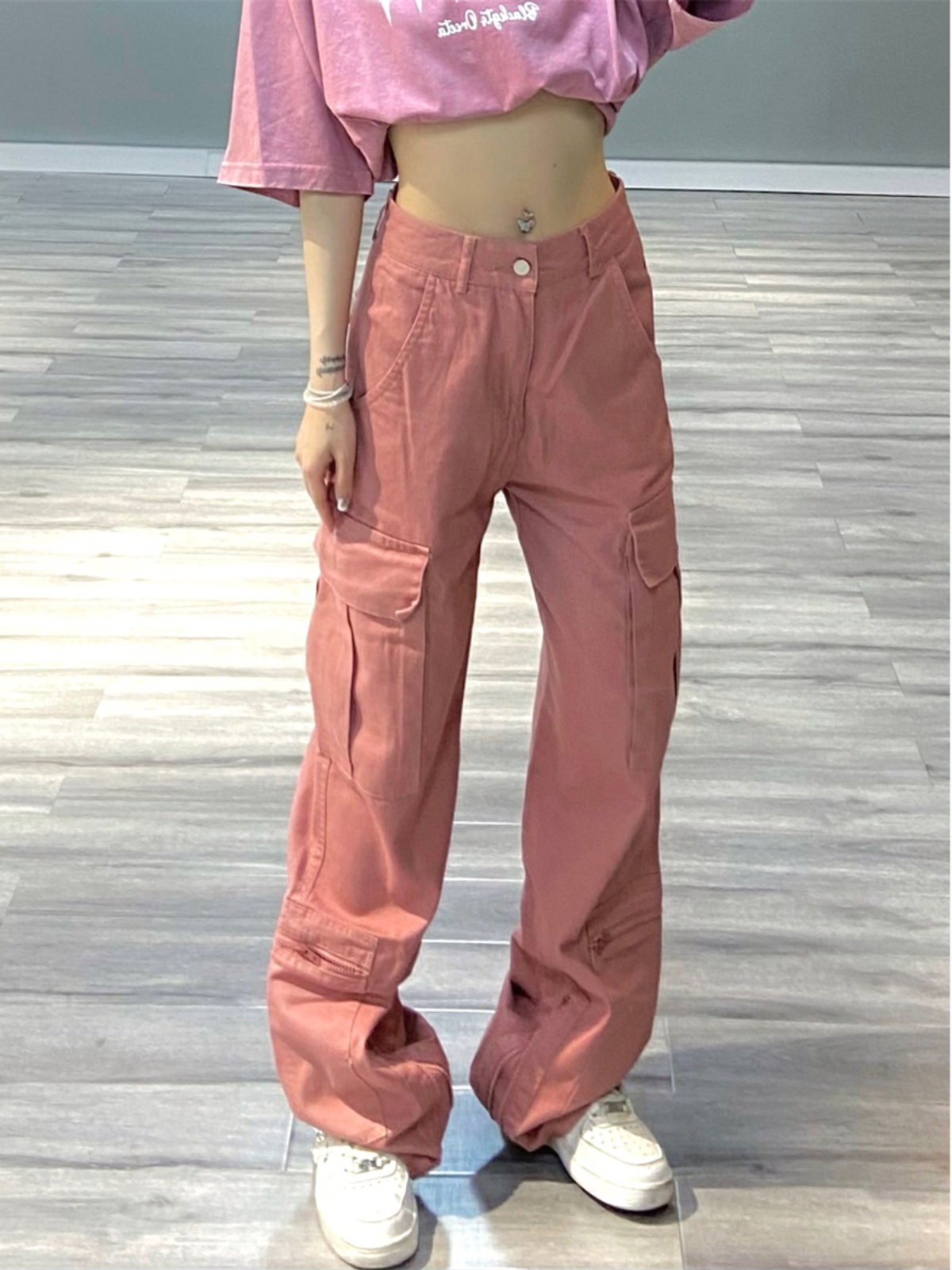 Trendy Pink Work Pants for Women - American Retro Hip-Hop Straight Casual Pants for Street Dance Style Trendy Pink Work Pants for Women - American Retro Hip-Hop Straight Casual Pants for Street Dance Style