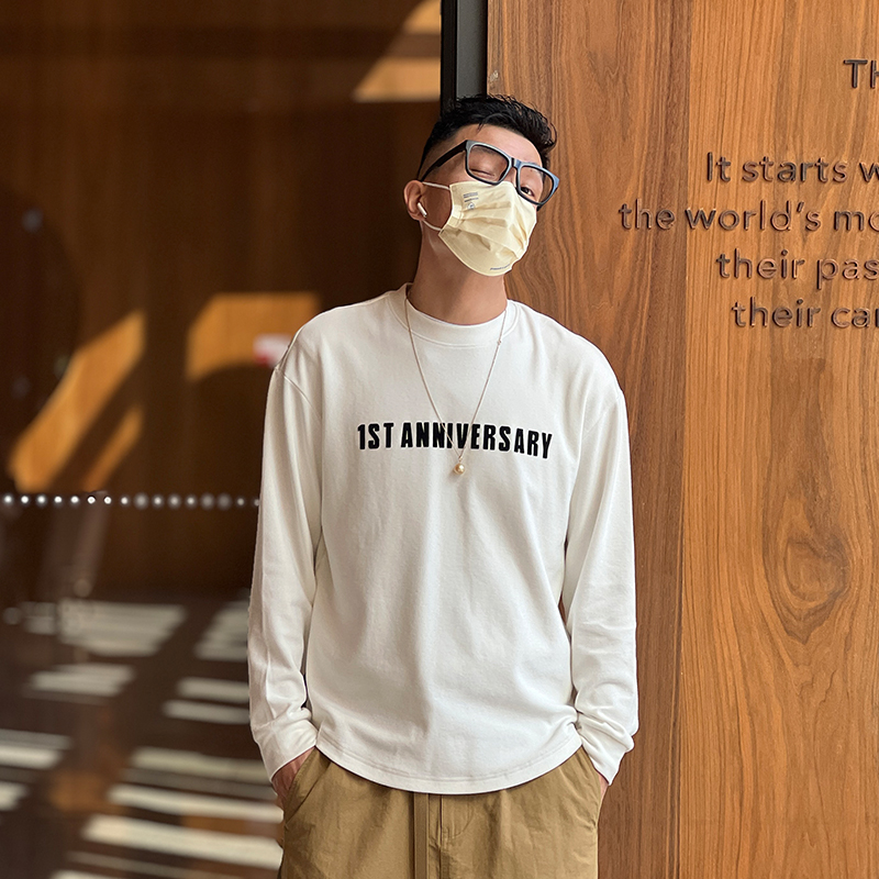 Trendy Plush Long Sleeve T-Shirt for Men - Harbor Style, Arc Bottom Design, Versatile Double-Sided for Autumn Fashion