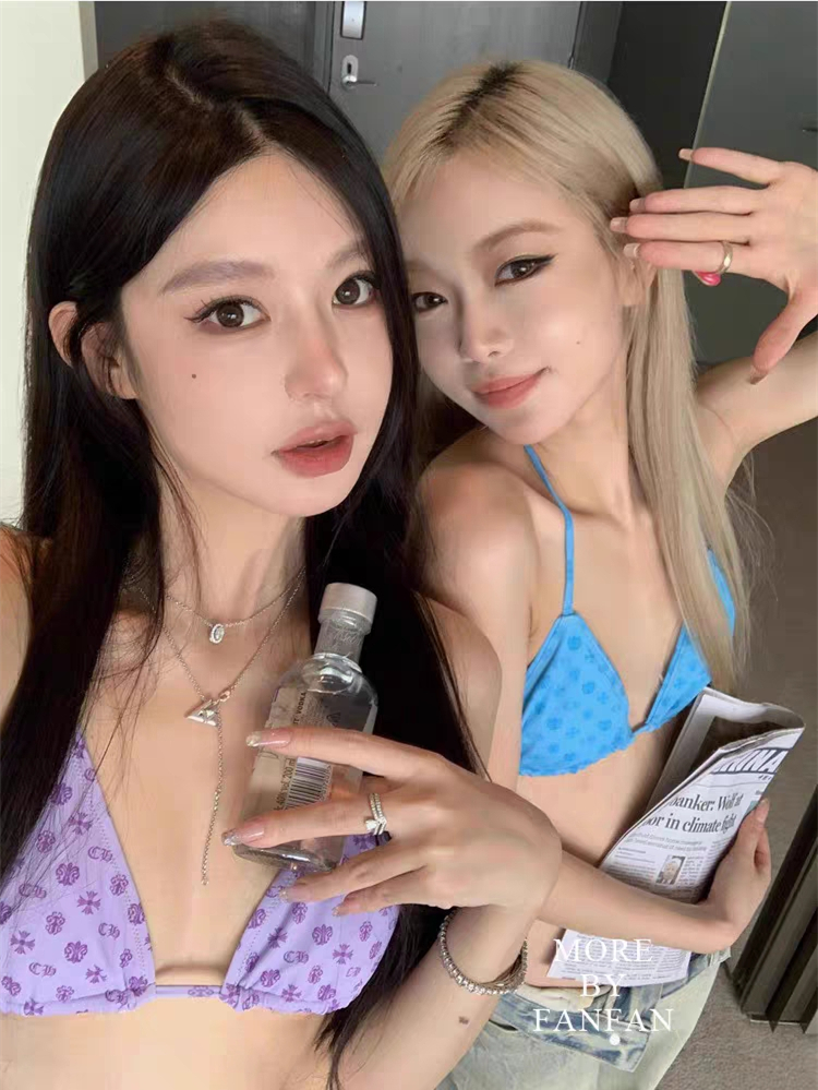 Trendy Printed Tie-Up Bikini Swimsuit for Women, Sexy Holiday Swimwear for Small Chests, Internet Celebrity Inspired Style