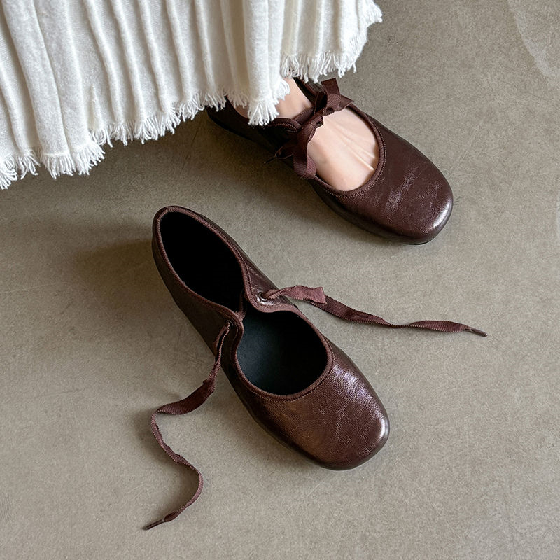 Trendy Retro Brown Lace-Up Round-Toe Flat Mary Jane Shoes for Women, Soft Sheepskin, 25SS, Y2K Style Fashion Footwear Trendy Retro Brown Lace-Up Round-Toe Flat Mary Jane Shoes for Women, Soft Sheepskin, 25SS, Y2K Style Fashion Footwear
