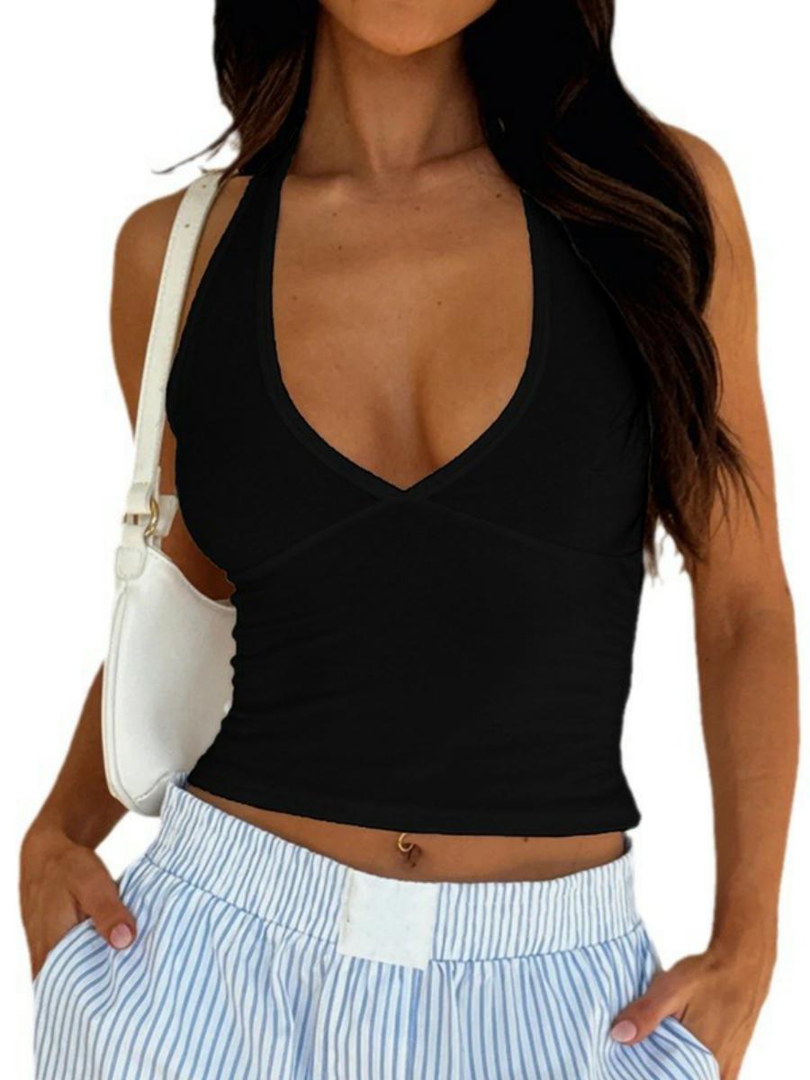 Trendy Solid Color V-Neck Halter Tank Top for Women - Casual Sportswear, Versatile Summer Outerwear 2025 Trendy Solid Color V-Neck Halter Tank Top for Women - Casual Sportswear, Versatile Summer Outerwear 2025