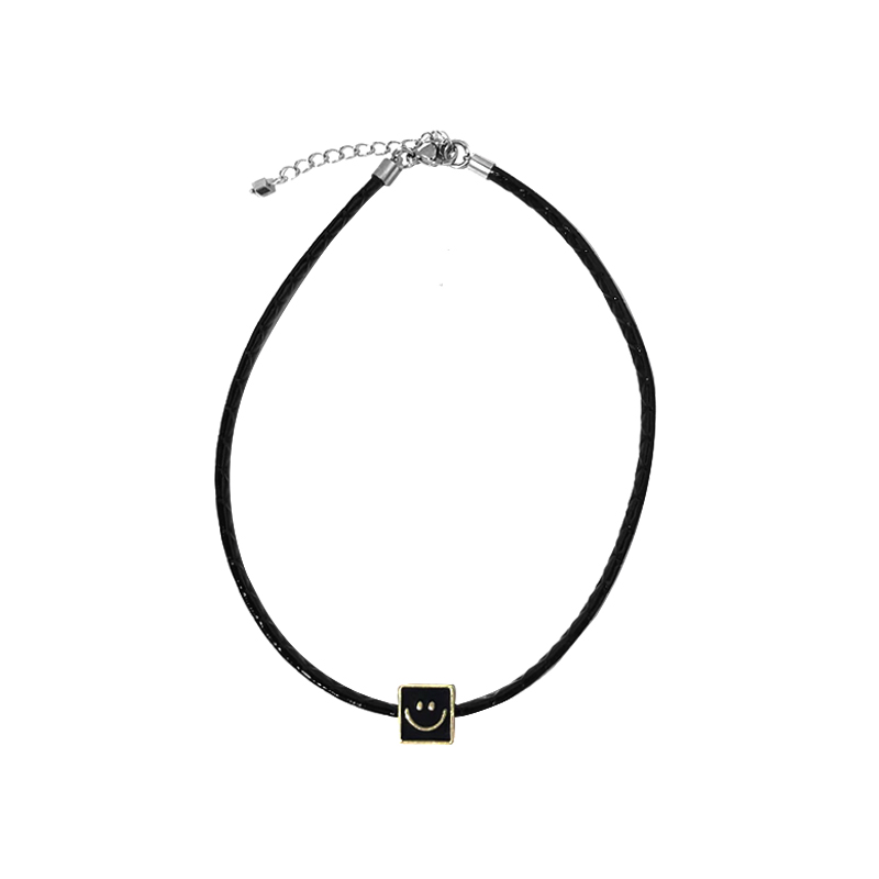 Trendy Square Smiley Face Necklace for Women - Black Leather Cord Choker, Niche Design Clavicle Chain for Stylish Girls Trendy Square Smiley Face Necklace for Women - Black Leather Cord Choker, Niche Design Clavicle Chain for Stylish Girls