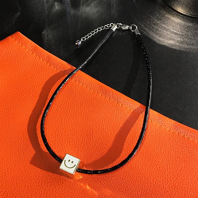 Trendy Square Smiley Face Necklace for Women - Black Leather Cord Choker, Niche Design Clavicle Chain for Stylish Girls Trendy Square Smiley Face Necklace for Women - Black Leather Cord Choker, Niche Design Clavicle Chain for Stylish Girls
