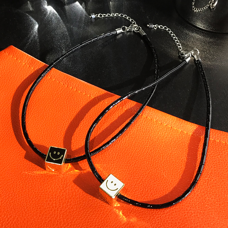 Trendy Square Smiley Face Necklace for Women - Black Leather Cord Choker, Niche Design Clavicle Chain for Stylish Girls Trendy Square Smiley Face Necklace for Women - Black Leather Cord Choker, Niche Design Clavicle Chain for Stylish Girls