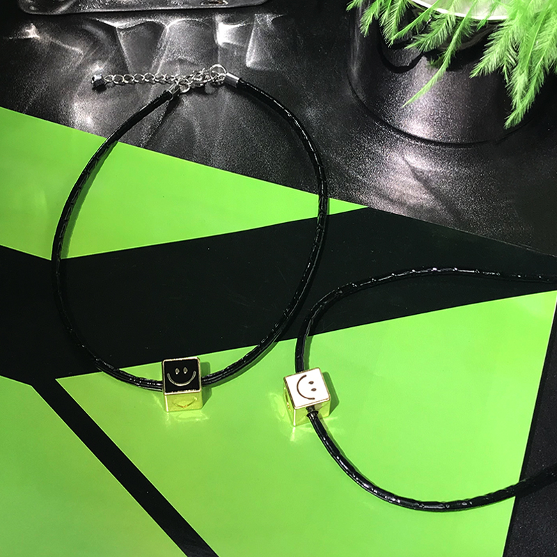 Trendy Square Smiley Face Necklace for Women - Black Leather Cord Choker, Niche Design Clavicle Chain for Stylish Girls Trendy Square Smiley Face Necklace for Women - Black Leather Cord Choker, Niche Design Clavicle Chain for Stylish Girls