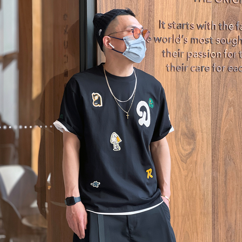 Trendy Summer Embroidered Patch Short-Sleeve T-Shirt - Versatile American Streetwear Casual Men's Tee