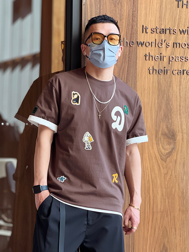 Trendy Summer Embroidered Patch Short-Sleeve T-Shirt - Versatile American Streetwear Casual Men's Tee Trendy Summer Embroidered Patch Short-Sleeve T-Shirt - Versatile American Streetwear Casual Men's Tee