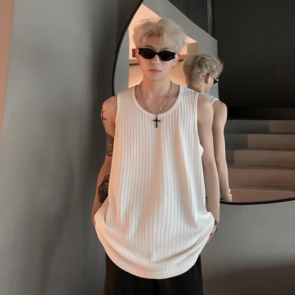 Trendy Summer Sleeveless Vest Tank Top with Wrinkled Texture - Cool Street Style for Couples, Soft and Comfortable Ice Feel Trendy Summer Sleeveless Vest Tank Top with Wrinkled Texture - Cool Street Style for Couples, Soft and Comfortable Ice Feel