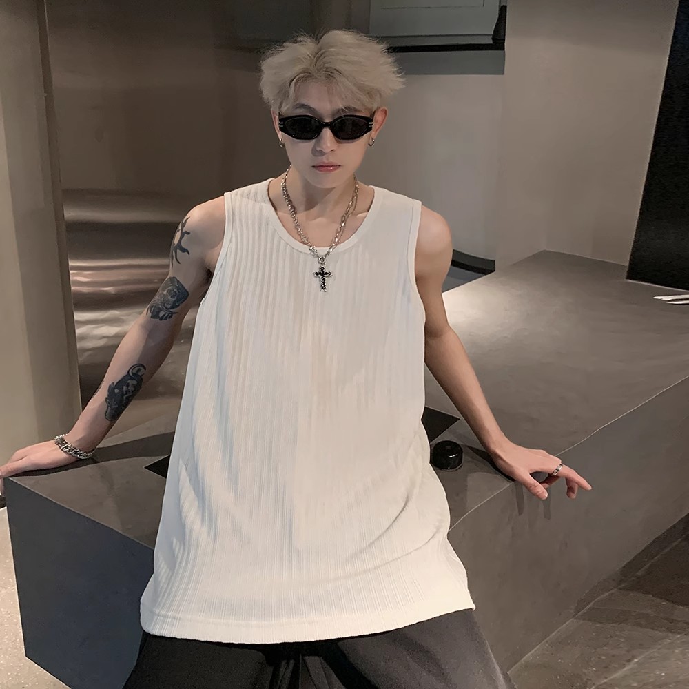 Trendy Summer Sleeveless Vest Tank Top with Wrinkled Texture - Cool Street Style for Couples, Soft and Comfortable Ice Feel Trendy Summer Sleeveless Vest Tank Top with Wrinkled Texture - Cool Street Style for Couples, Soft and Comfortable Ice Feel