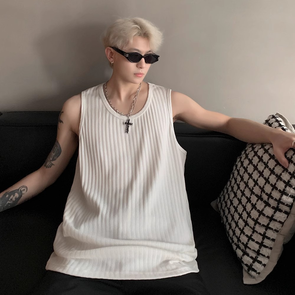 Trendy Summer Sleeveless Vest Tank Top with Wrinkled Texture - Cool Street Style for Couples, Soft and Comfortable Ice Feel Trendy Summer Sleeveless Vest Tank Top with Wrinkled Texture - Cool Street Style for Couples, Soft and Comfortable Ice Feel