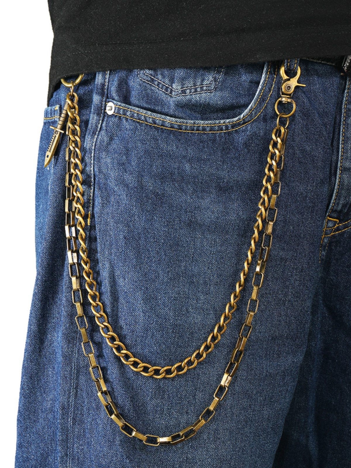 Trendy Unisex Double-Layer Chain Denim Pants - Punk Hip-Hop Style with Personality, 90s Inspired Fashion Statement Trendy Unisex Double-Layer Chain Denim Pants - Punk Hip-Hop Style with Personality, 90s Inspired Fashion Statement