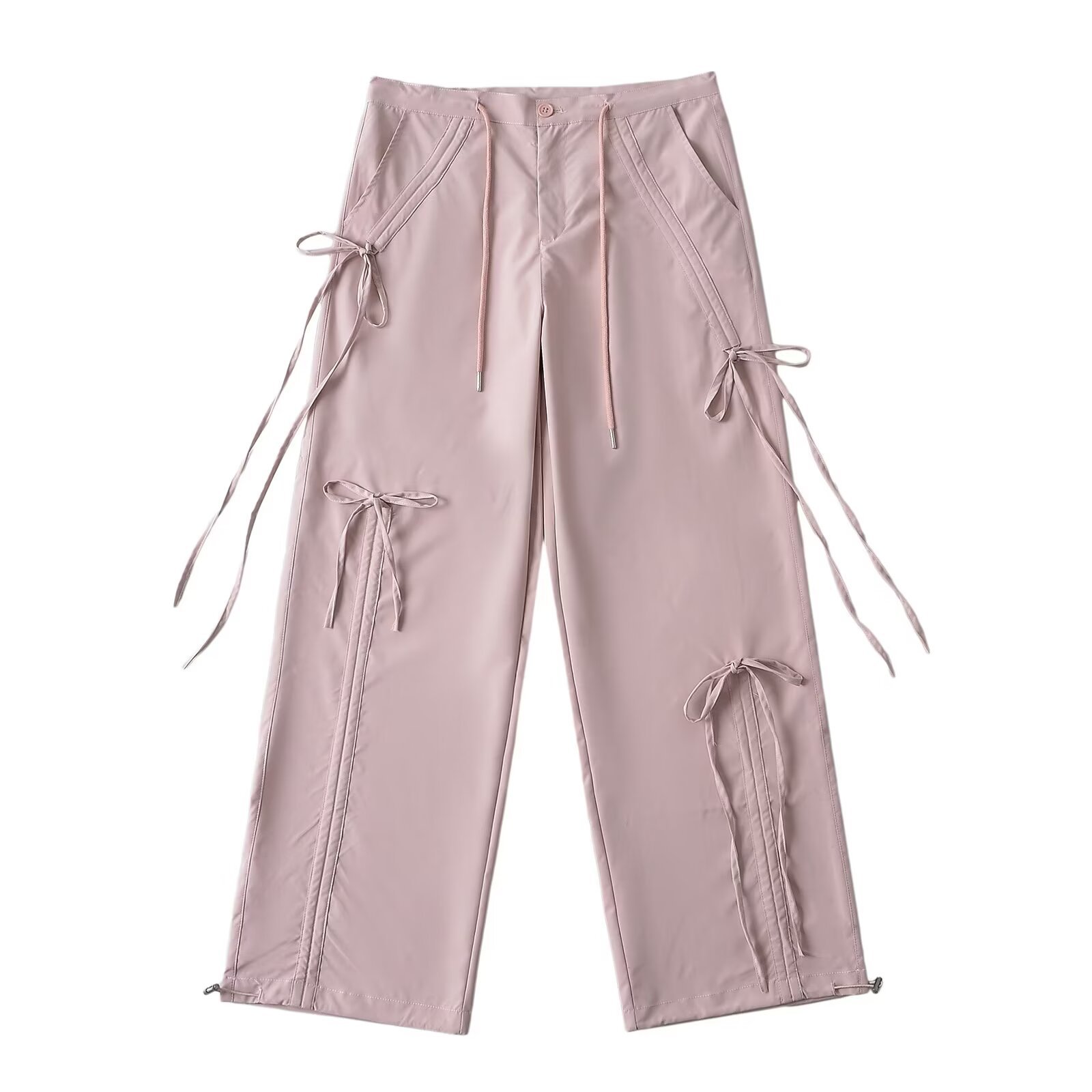 Trendy Wide-Leg Sports Pants for Women with Butterfly Knot Detail â€“ Versatile Straight Leg American Design
