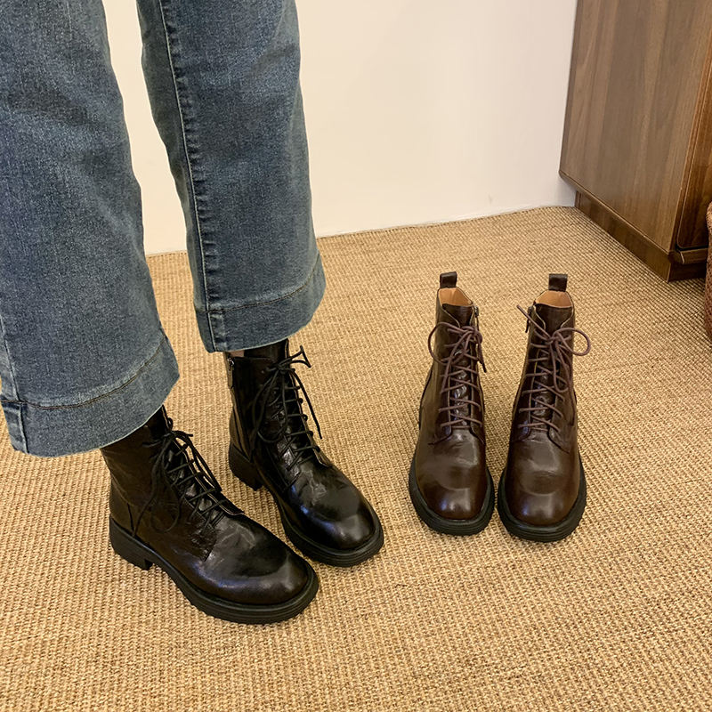 Trendy Women's Genuine Leather Flat Martin Boots with Cross Strap - British Style Short Boots for Spring and Autumn Fashion