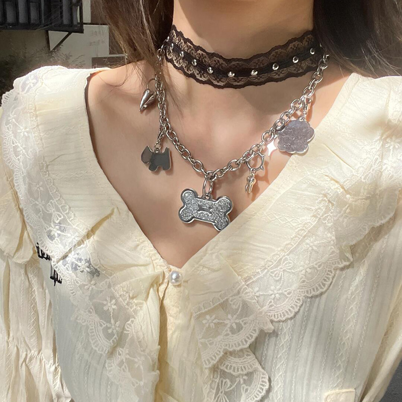 Trendy Y2K Lace Choker Necklace | Layered Metal Dog Bone Clavicle Chain for Sweet Cool Girl Style