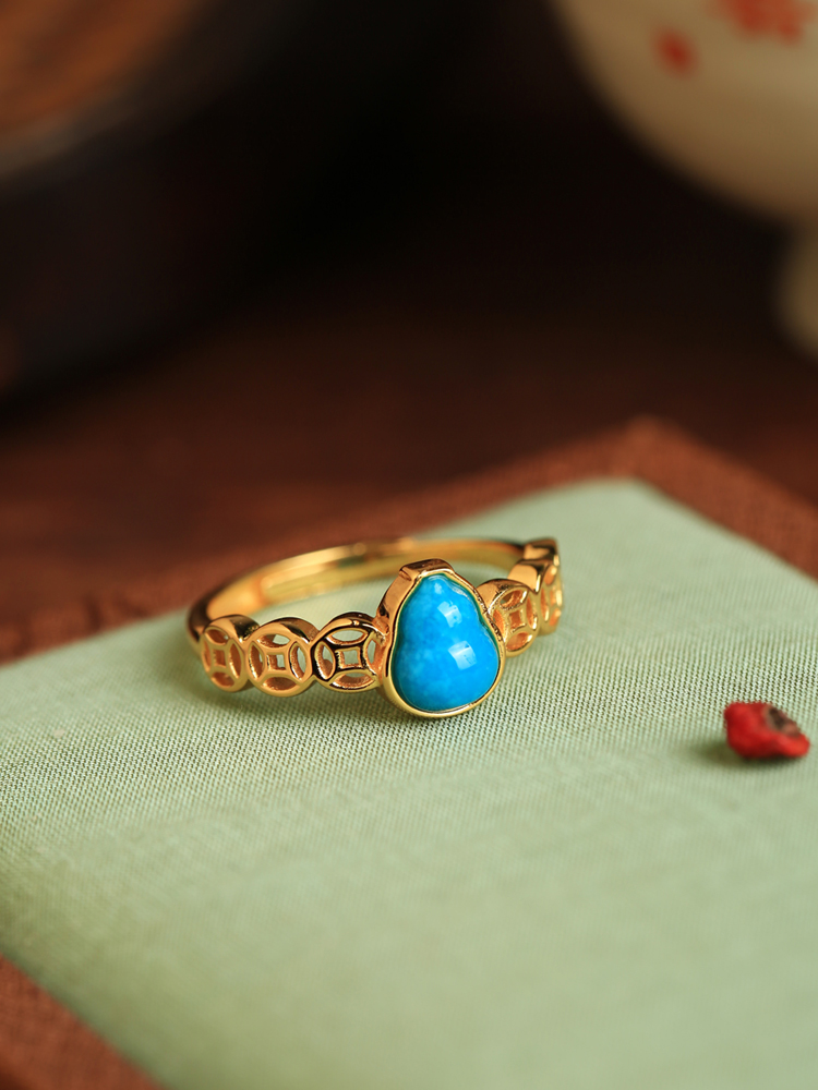 Turquoise and Pure Silver Open Copper Coin Gourd Ring for Women - Chinese Style Good Luck Jewelry with Blue Gold Inlaid Jade Turquoise and Pure Silver Open Copper Coin Gourd Ring for Women - Chinese Style Good Luck Jewelry with Blue Gold Inlaid Jade
