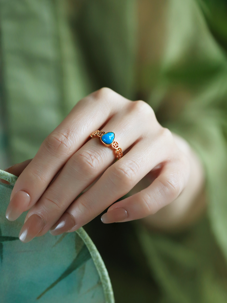 Turquoise and Pure Silver Open Copper Coin Gourd Ring for Women - Chinese Style Good Luck Jewelry with Blue Gold Inlaid Jade Turquoise and Pure Silver Open Copper Coin Gourd Ring for Women - Chinese Style Good Luck Jewelry with Blue Gold Inlaid Jade