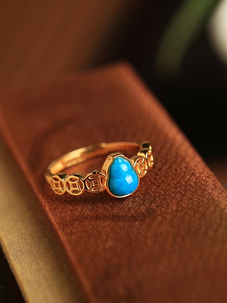 Turquoise and Pure Silver Open Copper Coin Gourd Ring for Women - Chinese Style Good Luck Jewelry with Blue Gold Inlaid Jade Turquoise and Pure Silver Open Copper Coin Gourd Ring for Women - Chinese Style Good Luck Jewelry with Blue Gold Inlaid Jade