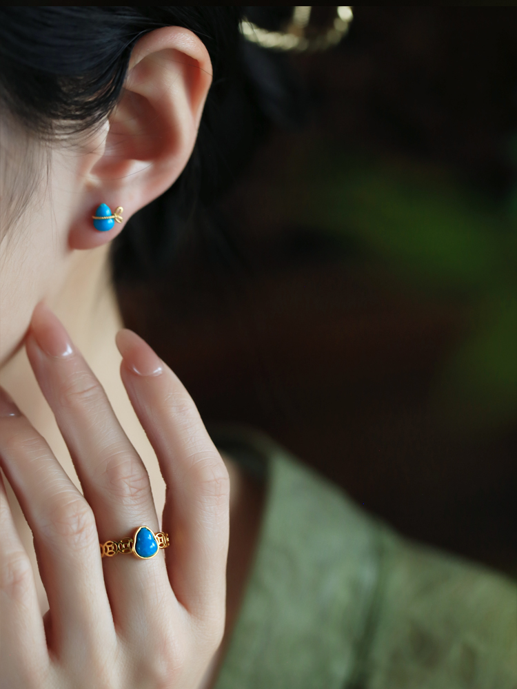 Turquoise and Pure Silver Open Copper Coin Gourd Ring for Women - Chinese Style Good Luck Jewelry with Blue Gold Inlaid Jade Turquoise and Pure Silver Open Copper Coin Gourd Ring for Women - Chinese Style Good Luck Jewelry with Blue Gold Inlaid Jade