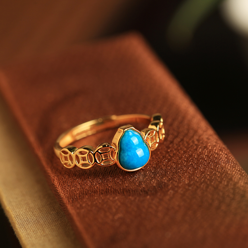 Turquoise and Pure Silver Open Copper Coin Gourd Ring for Women - Chinese Style Good Luck Jewelry with Blue Gold Inlaid Jade