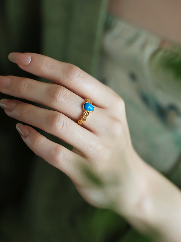 Turquoise and Pure Silver Open Copper Coin Gourd Ring for Women - Chinese Style Good Luck Jewelry with Blue Gold Inlaid Jade Turquoise and Pure Silver Open Copper Coin Gourd Ring for Women - Chinese Style Good Luck Jewelry with Blue Gold Inlaid Jade