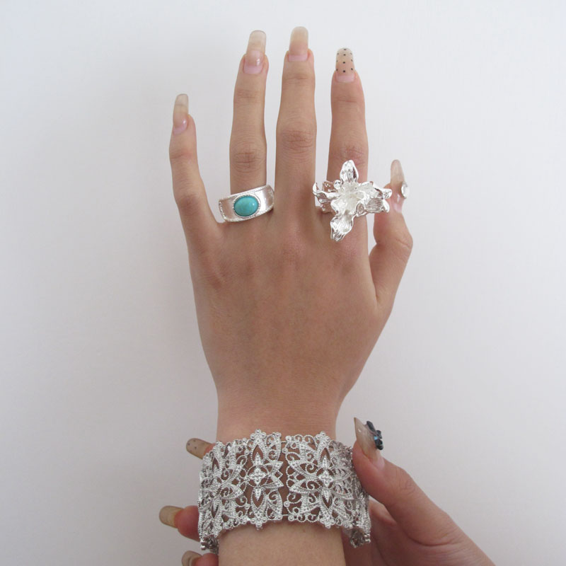 Turquoise Floral Ring - Cool-Toned Matte Textured Design, Trendy Chinese Style Jewelry, Elegant and Colorfast Accessory