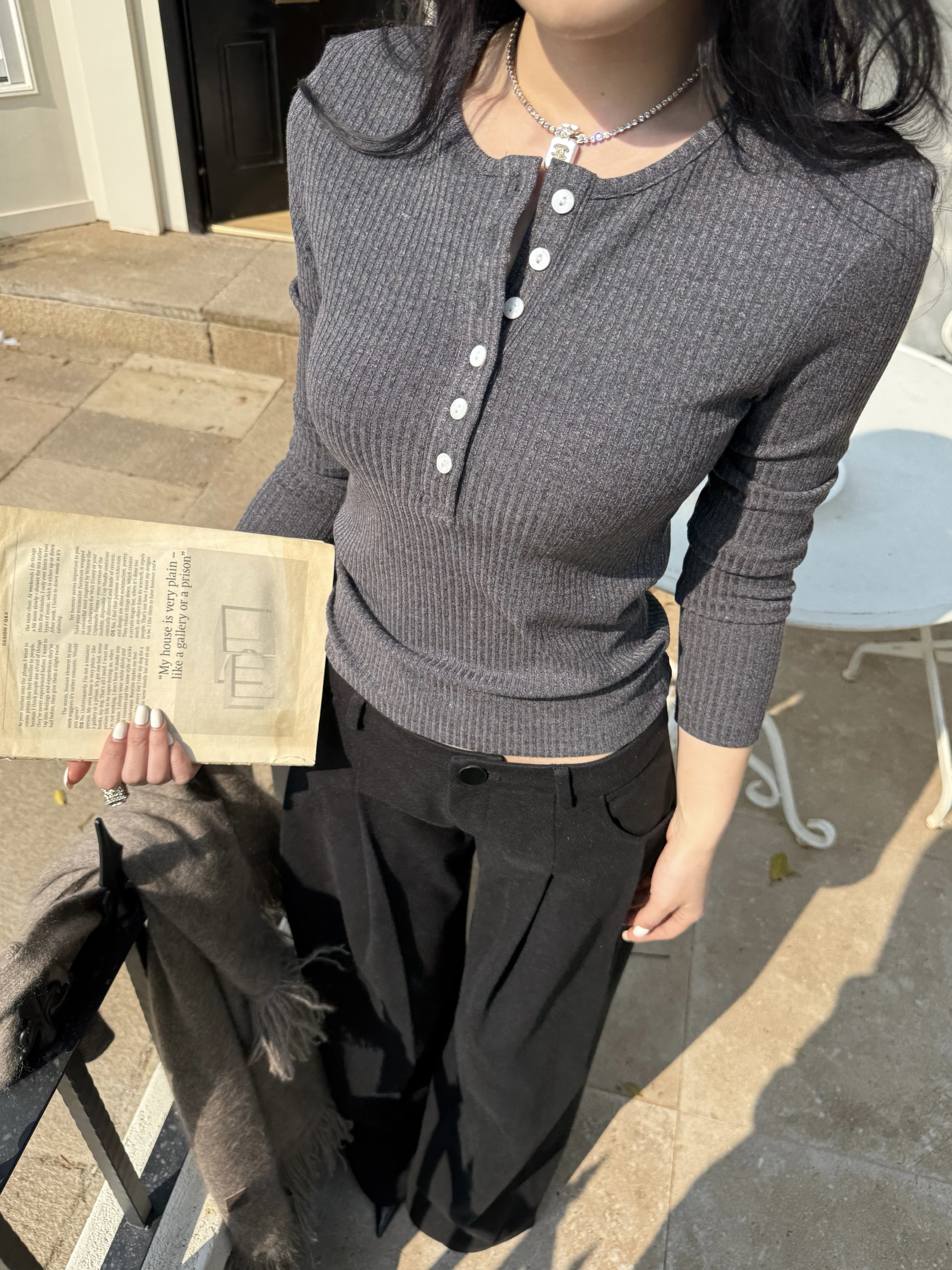 Two-Color Striped Knitted Henley Shirt - Sleek Minimalist Office Siren Style for Modern Chic Fashion