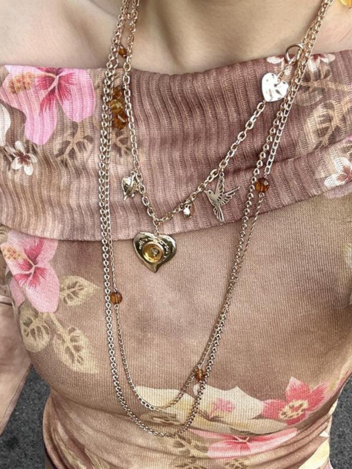 Two-Tone Gold and Silver Gemstone Heart Necklace - Layered Long Clavicle Chain, Trendy Niche Style Sweater Accessory