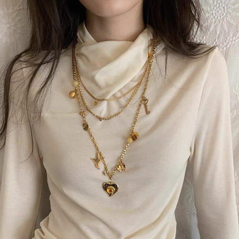 Two-Tone Gold and Silver Gemstone Heart Necklace - Layered Long Clavicle Chain, Trendy Niche Style Sweater Accessory