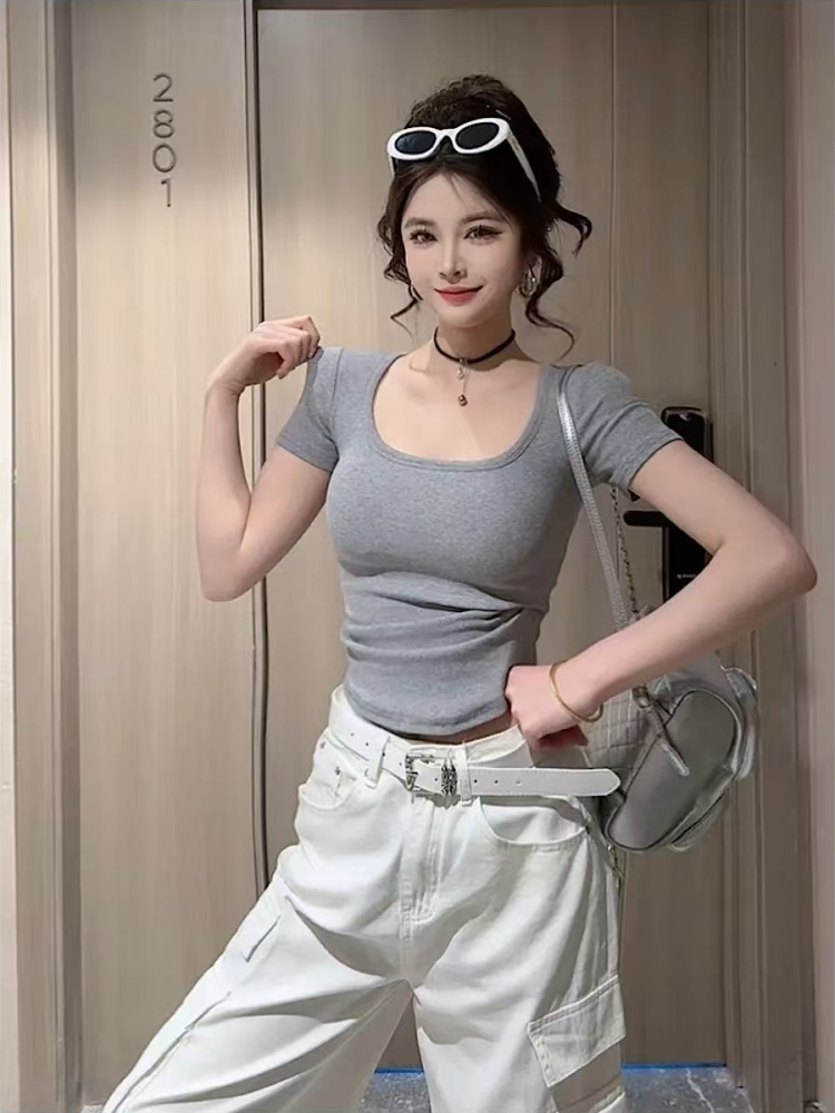 U-Neck Ruched Short Sleeve T-Shirt for Women - Slimming Summer Top, Tight-Fitting, Versatile Style for Spicy Girl Vibes U-Neck Ruched Short Sleeve T-Shirt for Women - Slimming Summer Top, Tight-Fitting, Versatile Style for Spicy Girl Vibes