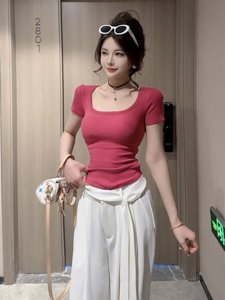 U-Neck Ruched Short Sleeve T-Shirt for Women - Slimming Summer Top, Tight-Fitting, Versatile Style for Spicy Girl Vibes