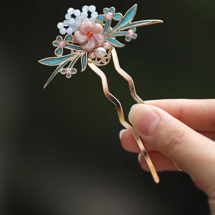 U-Shaped Blue Enamel Hairpin - High-End Chinese Style Women's Ancient Hair Accessory for Qipao