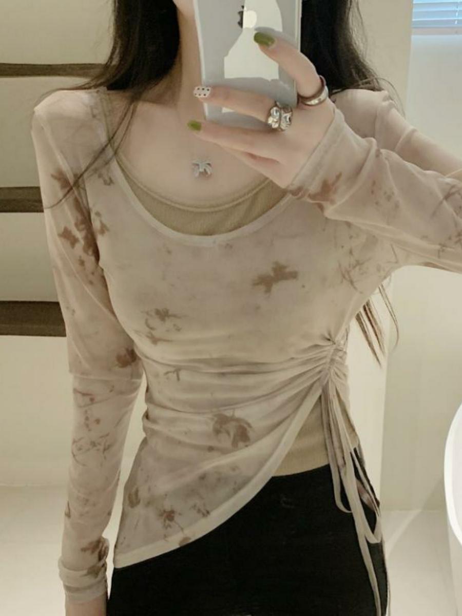 Unique Butterfly Print Mesh Long Sleeve Women's Vest Top & Irregular Drawstring Two-Piece Set for Sun Protection - Trendy Summer Style