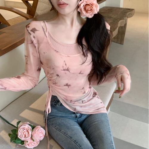 Unique Butterfly Print Mesh Long Sleeve Women's Vest Top & Irregular Drawstring Two-Piece Set for Sun Protection - Trendy Summer Style