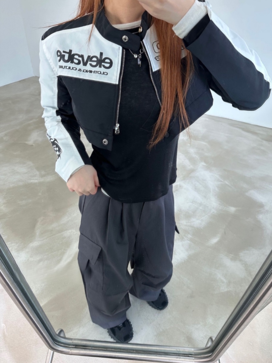 Unique Early Autumn Racing Short Motorcycle Jacket in ITZY Style - Casual Outerwear for Effortless Chic Unique Early Autumn Racing Short Motorcycle Jacket in ITZY Style - Casual Outerwear for Effortless Chic