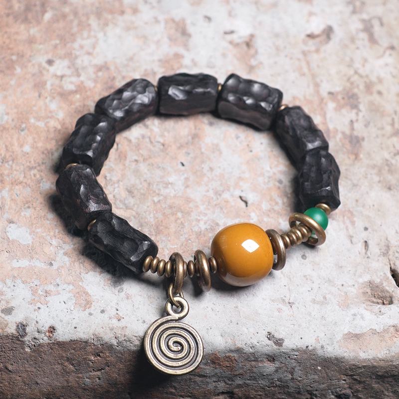 Unique Hand-Carved Textured Black Sandalwood Bracelet for Couples - Artistic Ethnic Style Wrist Accessories