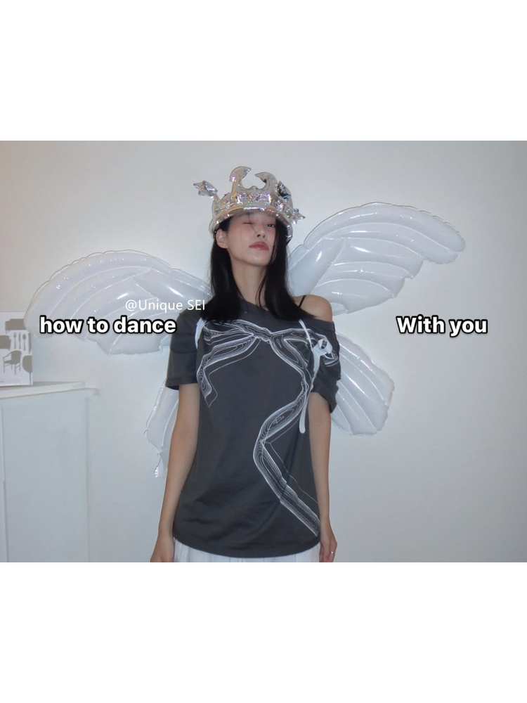 Unique Korean Style Sweet Bow Off-Shoulder Short Sleeve T-Shirt Top for Casual 90s Y2K Fashion Unique Korean Style Sweet Bow Off-Shoulder Short Sleeve T-Shirt Top for Casual 90s Y2K Fashion