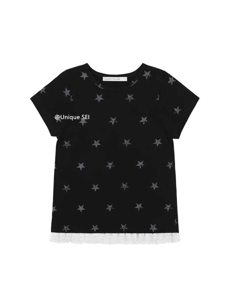 Unique Lace Layered Slimming Casual Short Sleeve T-Shirt - Versatile Street Style for a Sweet Age-Reducing Look Unique Lace Layered Slimming Casual Short Sleeve T-Shirt - Versatile Street Style for a Sweet Age-Reducing Look